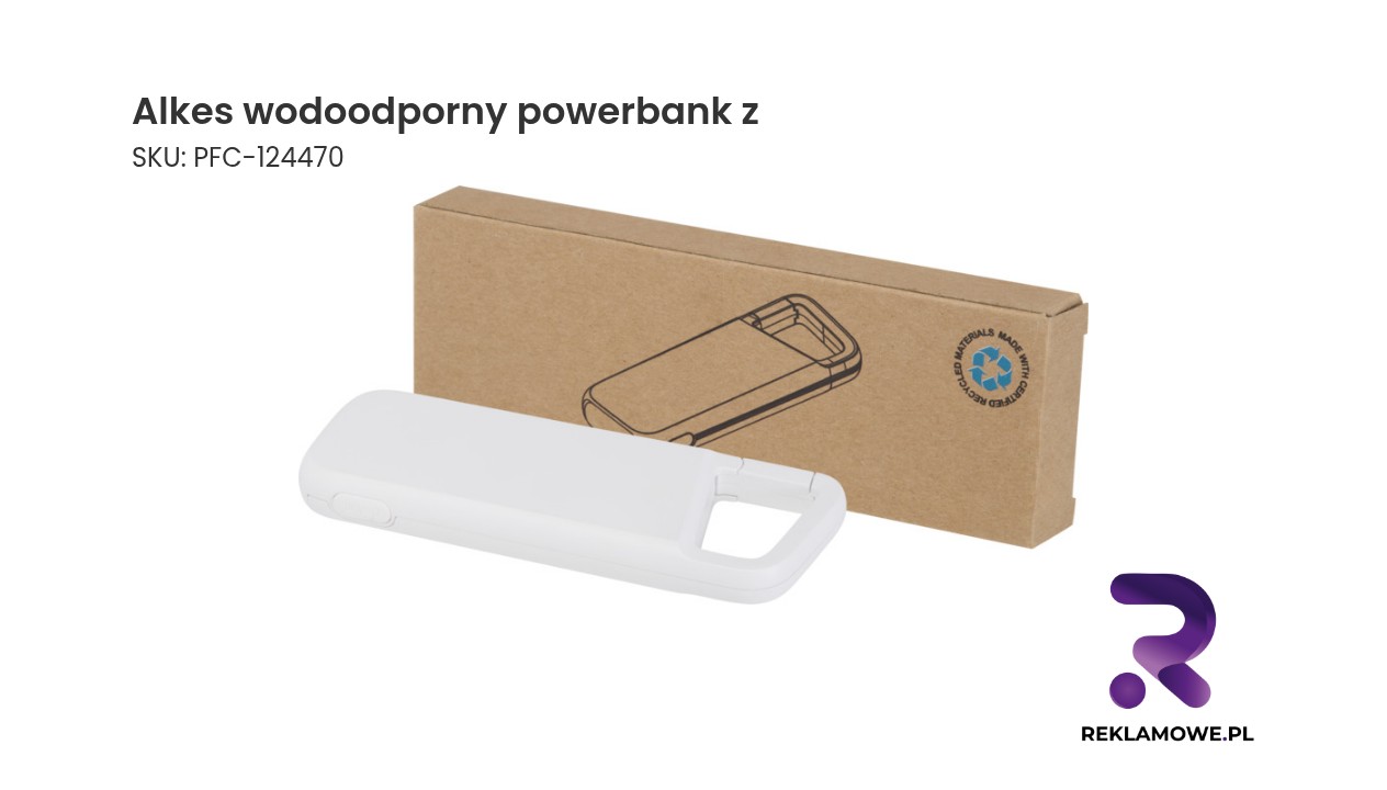Alkes wodoodporny powerbank z karabińczykiem o pojemności 5000 mAh i mocy 12 W, wykonany z tworzyw sztucznych pochodzących z recyklingu Alkes wodoodporny powerbank z wyjątkową trwałością