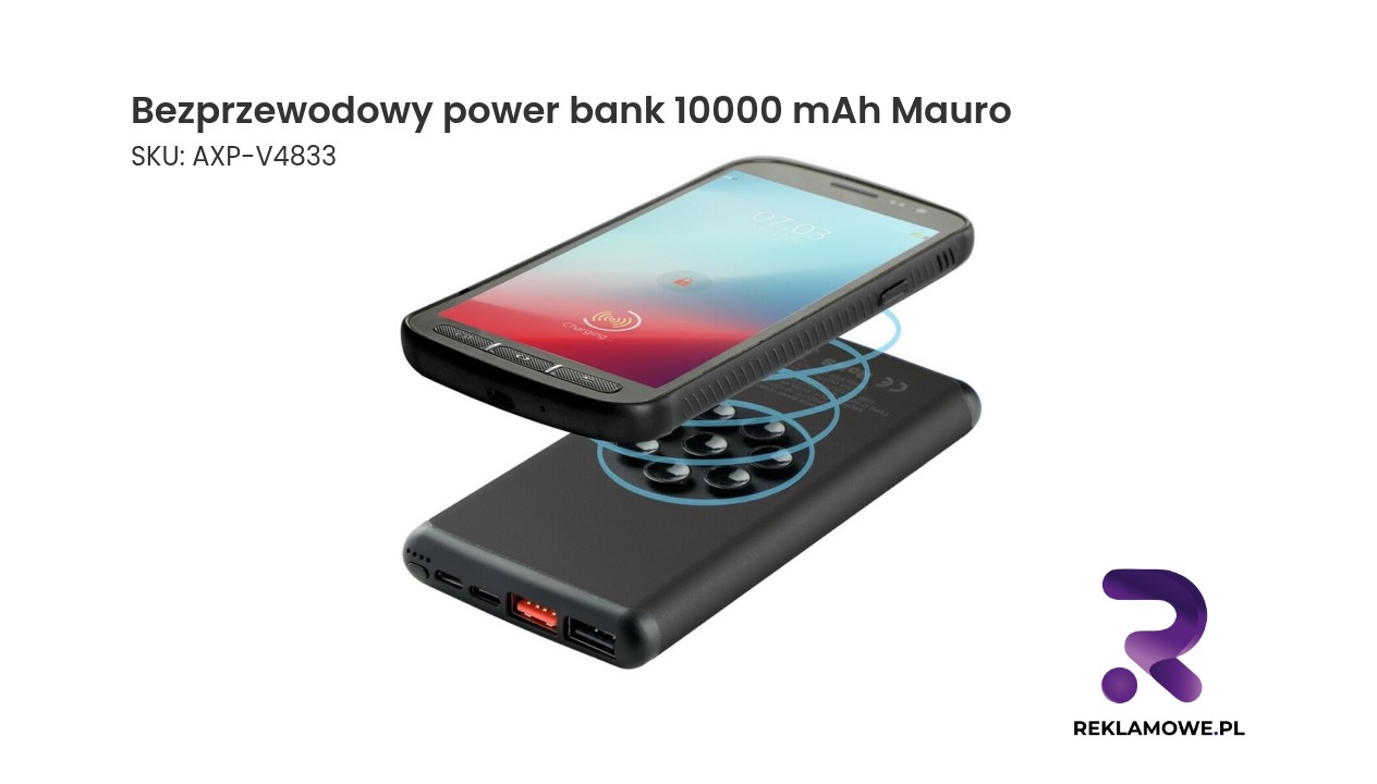 Bezprzewodowy power bank 10000 mAh Mauro Conti z przyssawkami, ładowarka bezprzewodowa 10W | Stef Bezprzewodowy power bank 10000 mAh marki Mauro