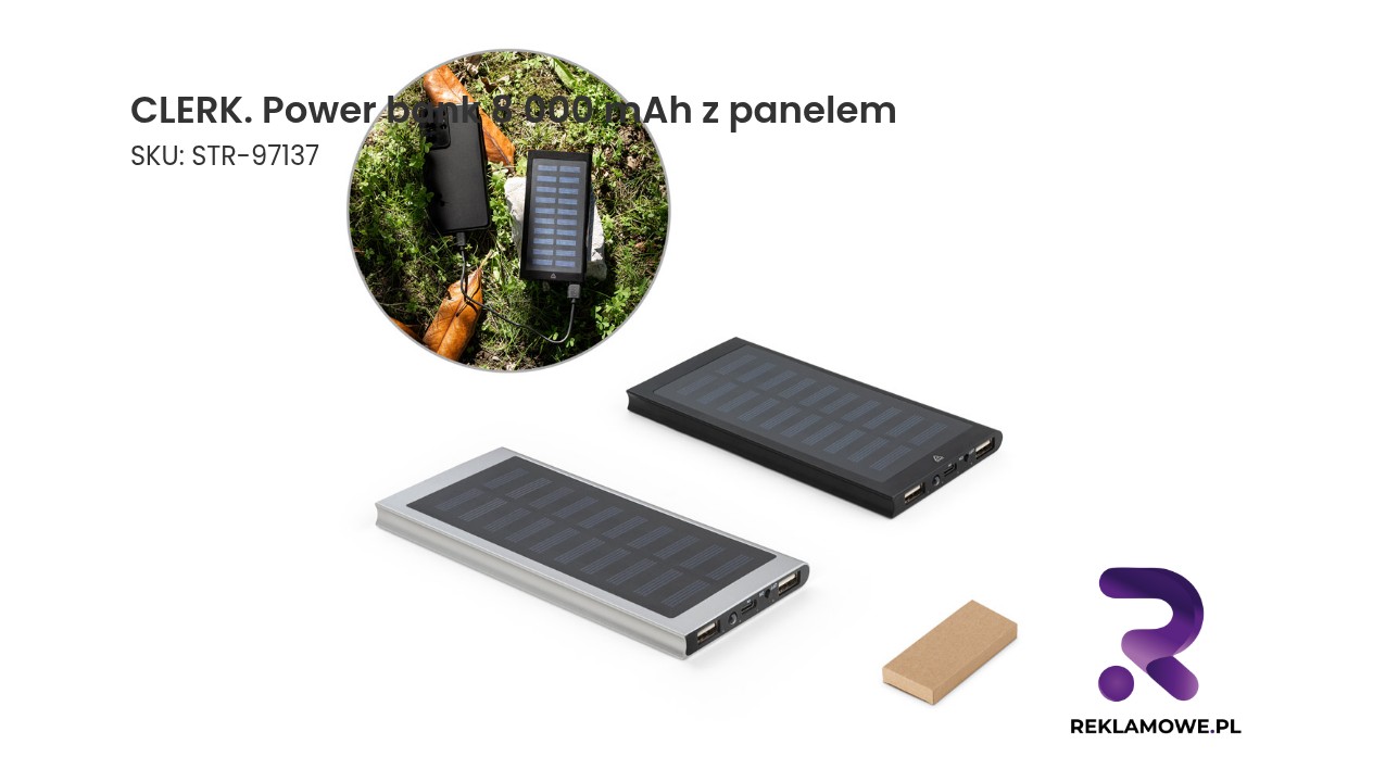CLERK. Power bank 8 000 mAh z panelem słonecznym z aluminium pochodzącego w 100% z recyklingu CLERK Power bank 8000 mAh z panelem solarnym