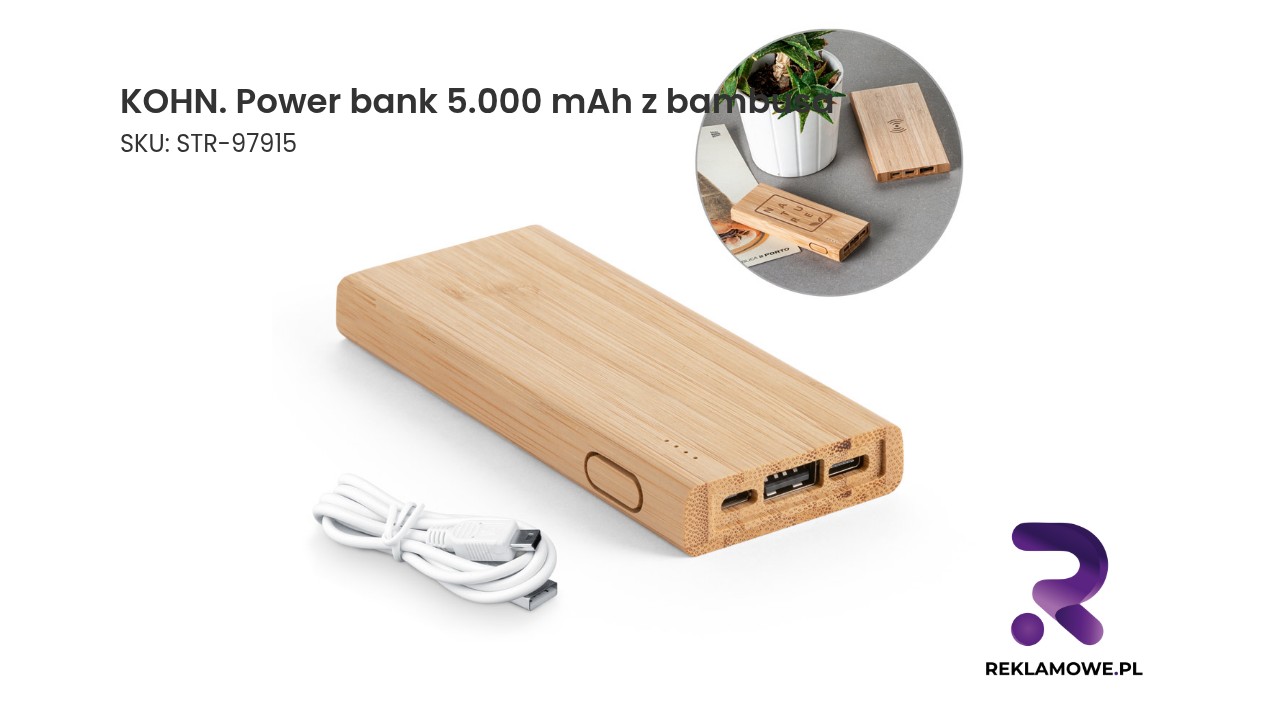 KOHN. Power bank 5.000 mAh z bambusa Power bank KOHN o pojemności 5000 mAh, wykonany z bambusa