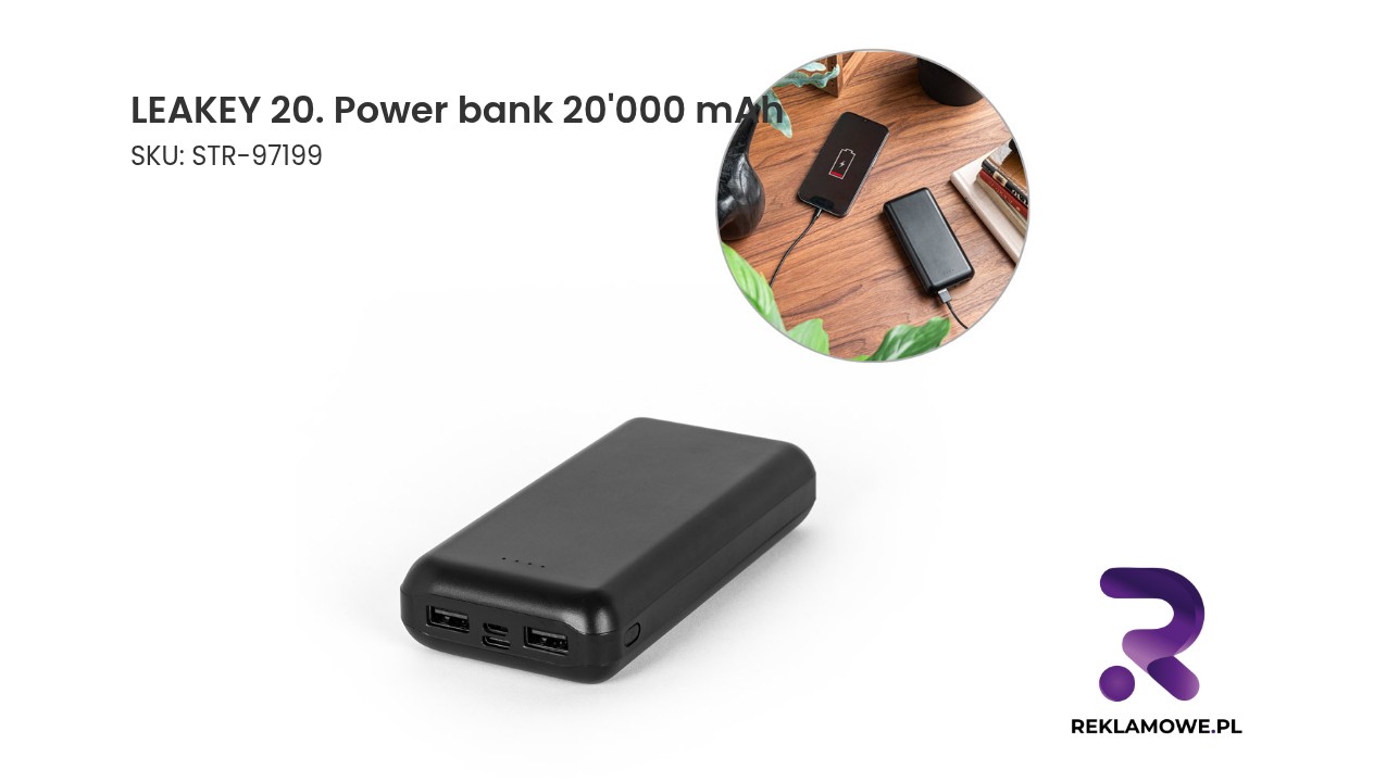 LEAKEY 20. Power bank 20'000 mAh wykonany w ABS pochodzącego z recyklingu (100% rABS) Power bank LEAKEY 20 o pojemności 20000 mAh