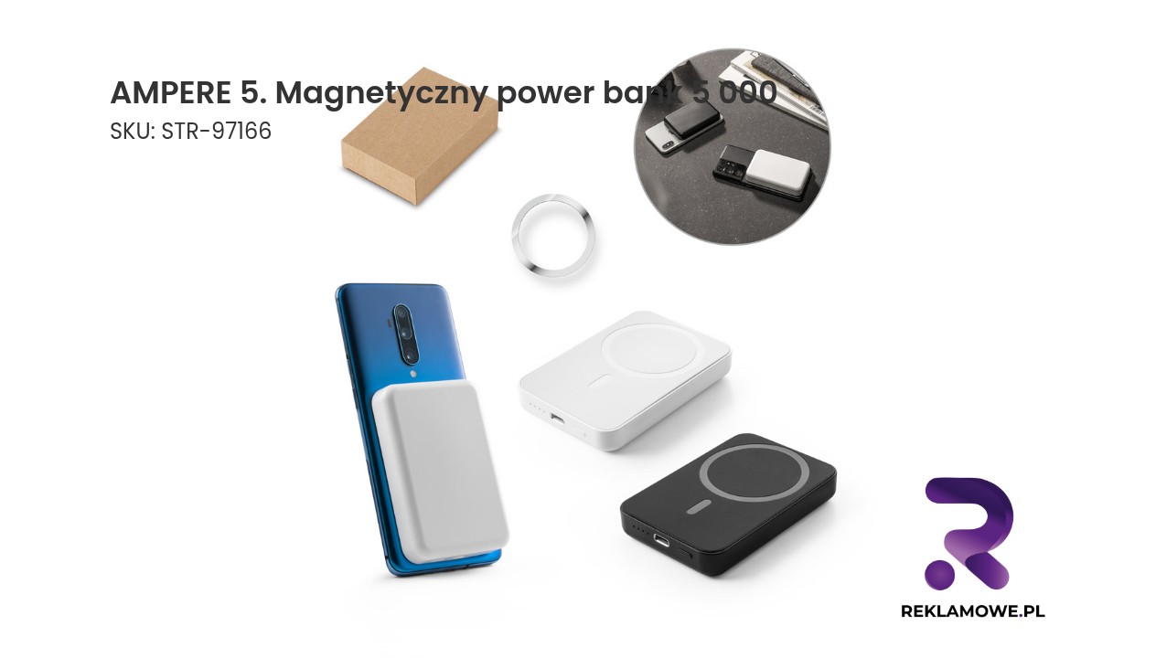 AMPERE 5. Magnetyczny power bank 5 000 mAh z superszybką ładowarką bezprzewodową 15 W wykonany w ABS pochodzącego z recyklingu (100% rABS) AMPERE 5 magnetyczny power bank 5 000 mAh