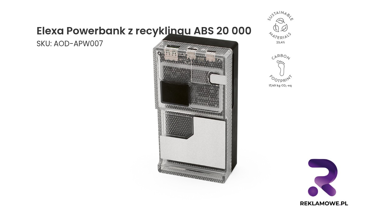 Elexa Powerbank z recyklingu ABS 20 000 mAh Elexa Powerbank z recyklingu ABS 20 000 mAh – ekologiczny powerbank do ładowania urządzeń mobilnych