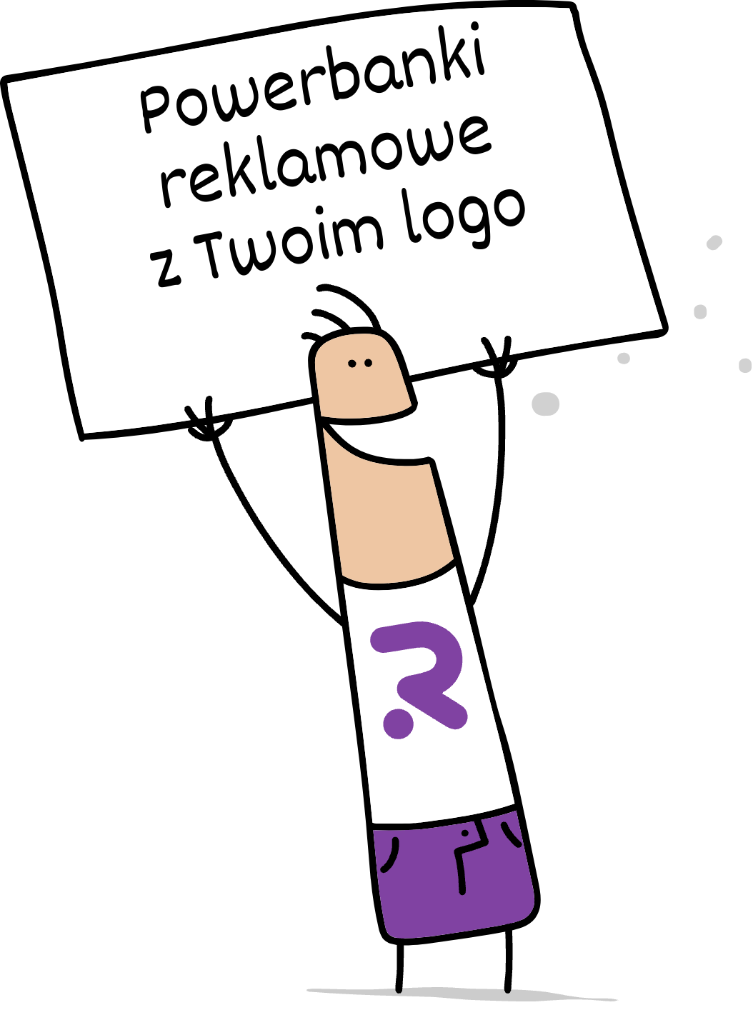 Buddy trzymający napis powerbanki reklamowe z Twoim logo