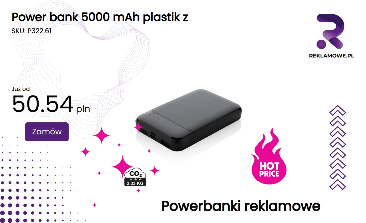 Power bank 5000 mAh wykonany z recyklingowego plastiku