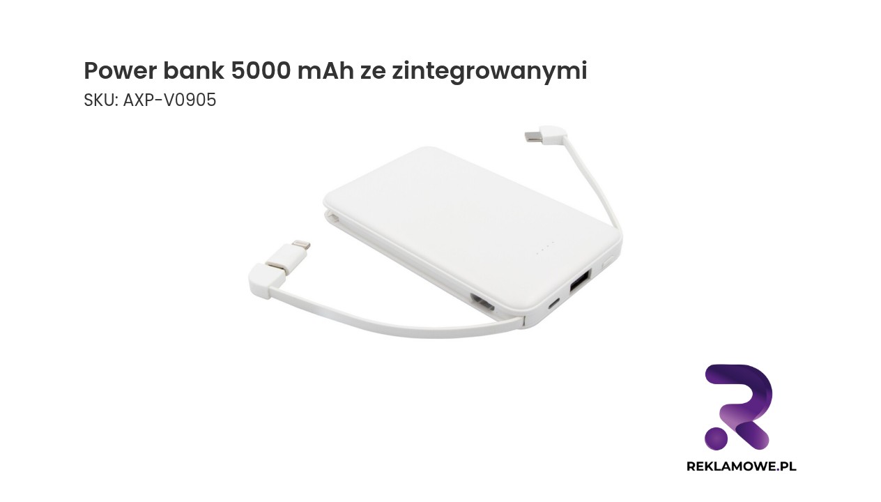 Power bank 5000 mAh ze zintegrowanymi kablami, adapter w komplecie | Presley Power bank 5000 mAh ze zintegrowanymi przewodami - kompaktowy przenośny akumulator