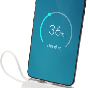Alnair powerbank o pojemności 5000 mAh i mocy 10 W, wykonany z tworzyw sztucznych pochodzących z recyklingu, z wbudowaną podstawką i kablem 2 w 1 12447201