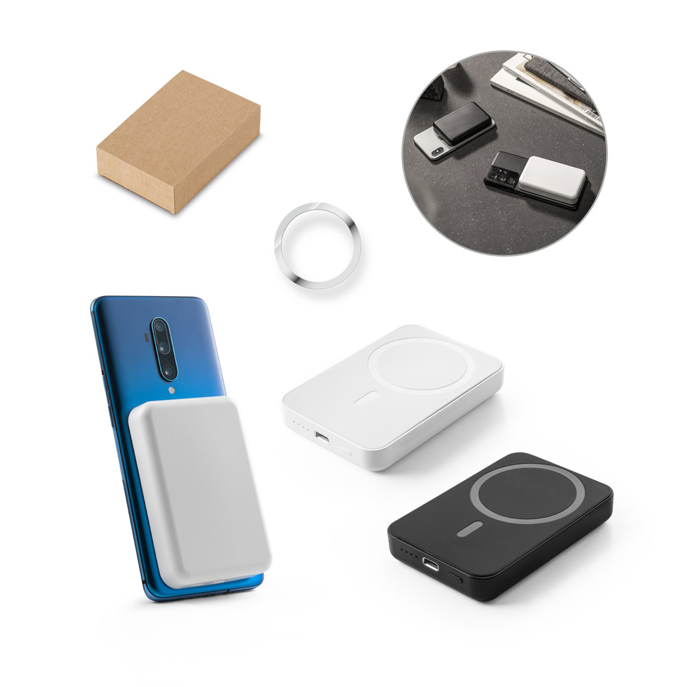 AMPERE 5. Magnetyczny power bank 5 000 mAh z superszybką ładowarką bezprzewodową 15 W wykonany w ABS pochodzącego z recyklingu (100% rABS) 97166_set